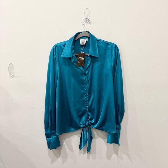 Finley Lindy Satin Long Sleeve Tie Front Button-Front Shirt Aqua Blue Womens M - Picture 1 of 4